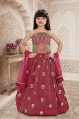 Pink Embroidered Lehenga Choli Set for Girls