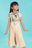 Fawn Floral Printed Shirt With Pleated Jumpsuit Set For Girls