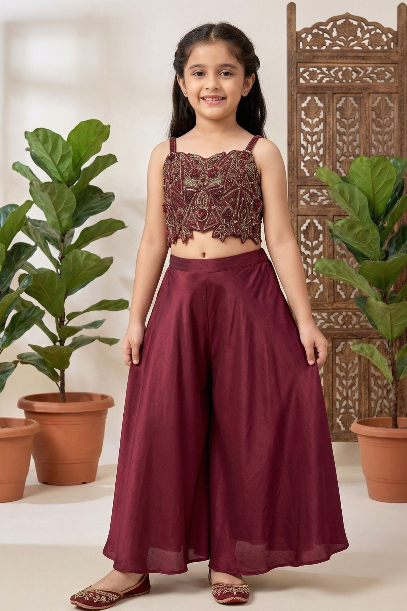 Plum Embroidered Crop Top with Flared Palazzo Set For Girls