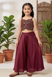 Plum Embroidered Crop Top with Flared Palazzo Set For Girls