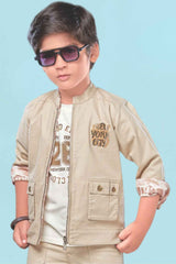 White Printed T Shirt With Fawn Pant And Reversible Jacket Set For Boys