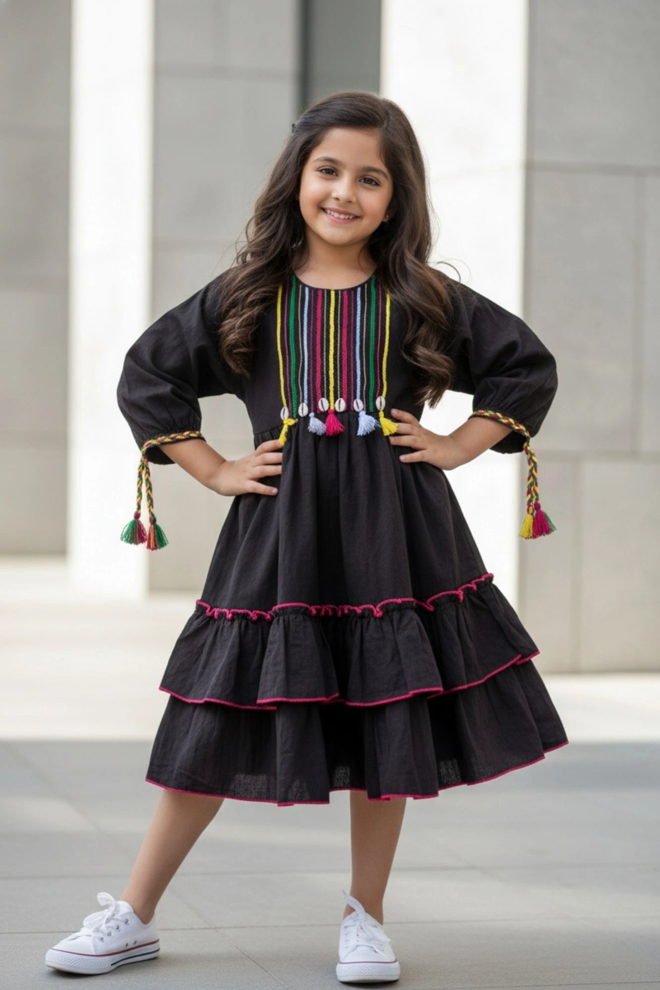 Black Ruffle Tiered Dress with Multicolor Embroidery For Girls