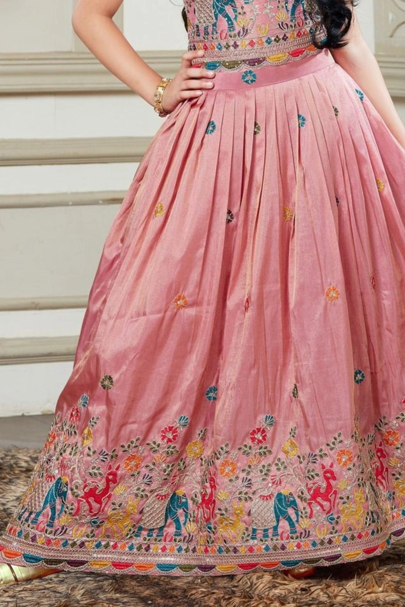 Pink Folk Embroidered Lehenga Choli for Girls