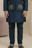 Navy Blue Elephant Embroidered Jacket Kurta Set For Boys