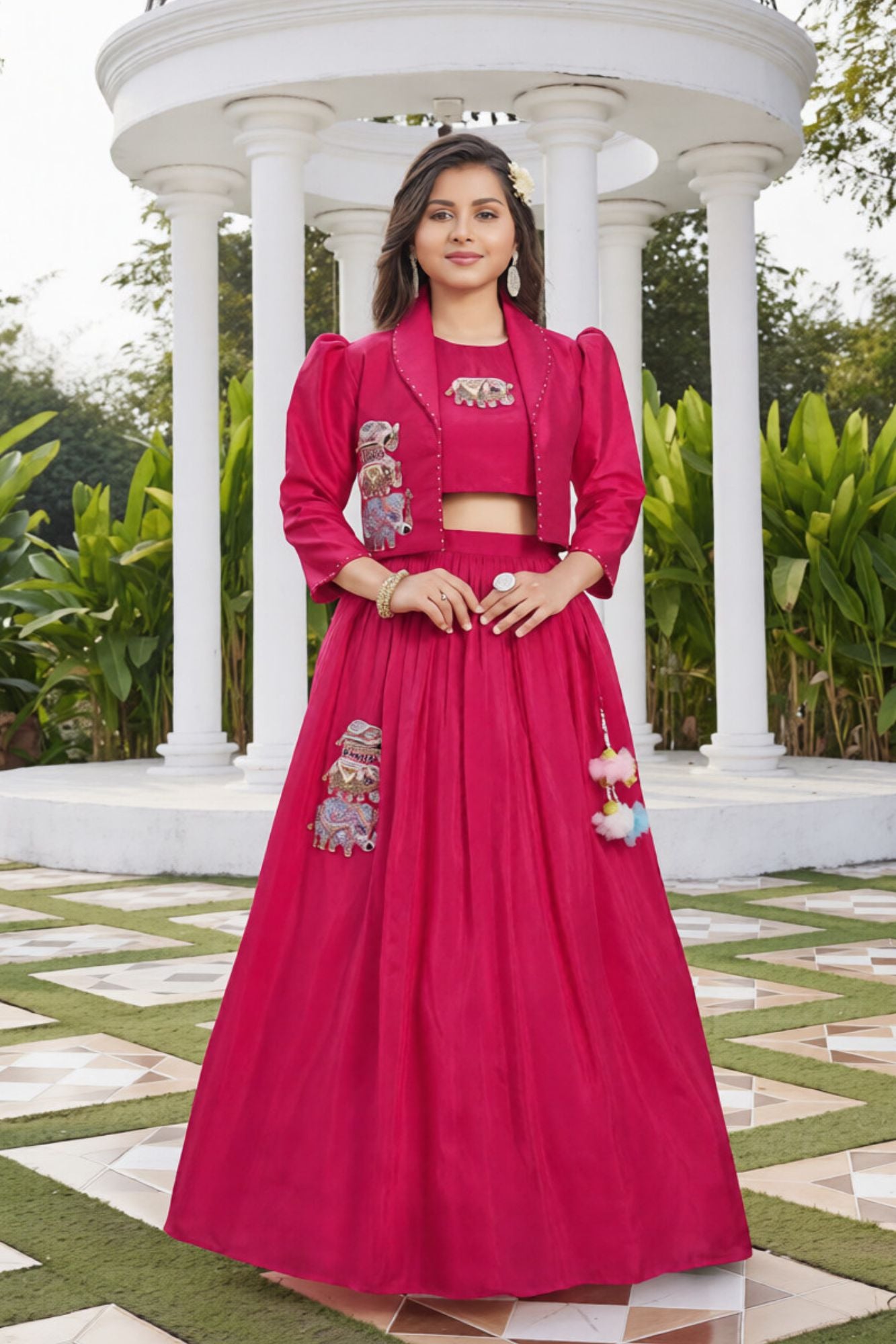 Rani Pink Embroidered Lehenga Choli With Jacket For Girls