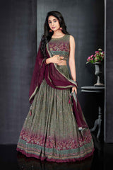 Green And Wine Lehenga Choli Set With Printed And Mirror Work For Girls