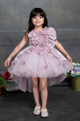 Misty Mauve High Low Partywear Frock With Floral Embellishments  For Girls