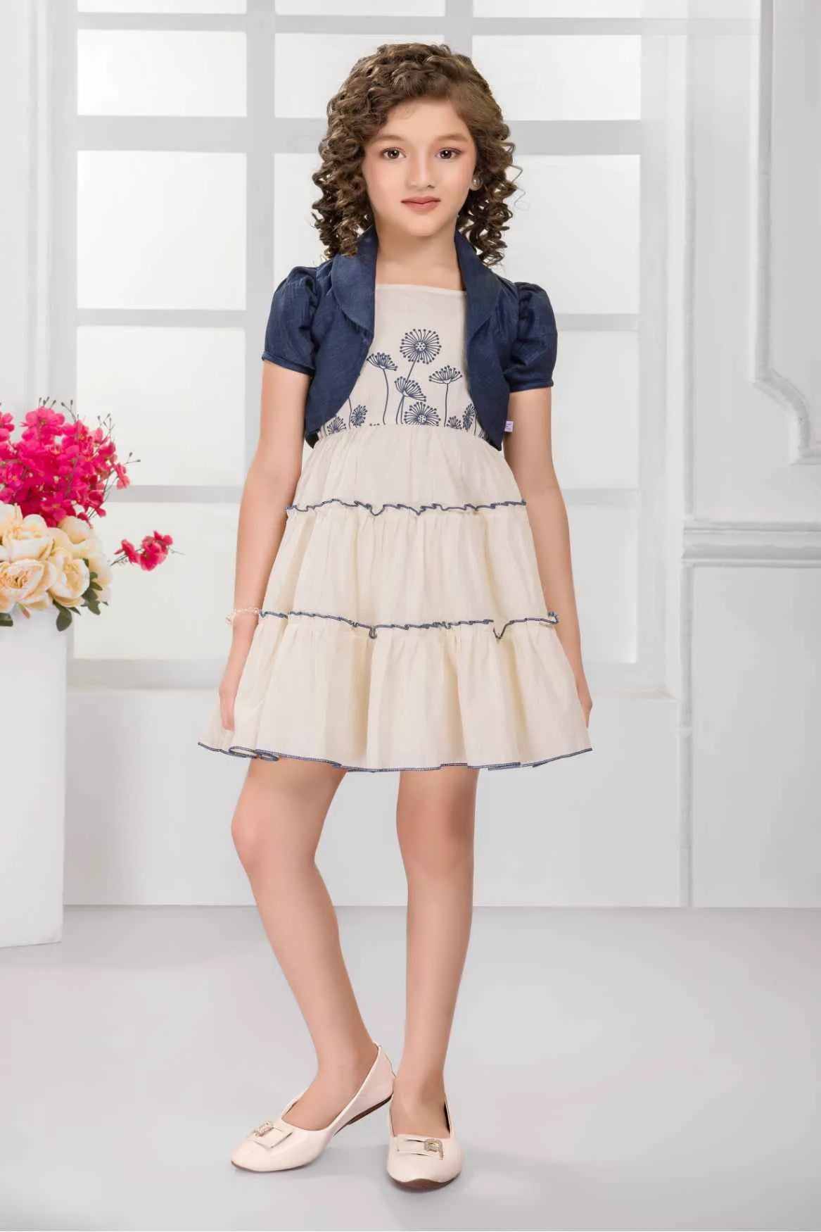 Cream Tiered Dress with Blue Shrug and Embroidered Bodice For Girls