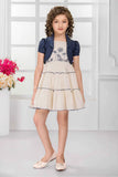 Cream Tiered Dress with Blue Shrug and Embroidered Bodice For Girls