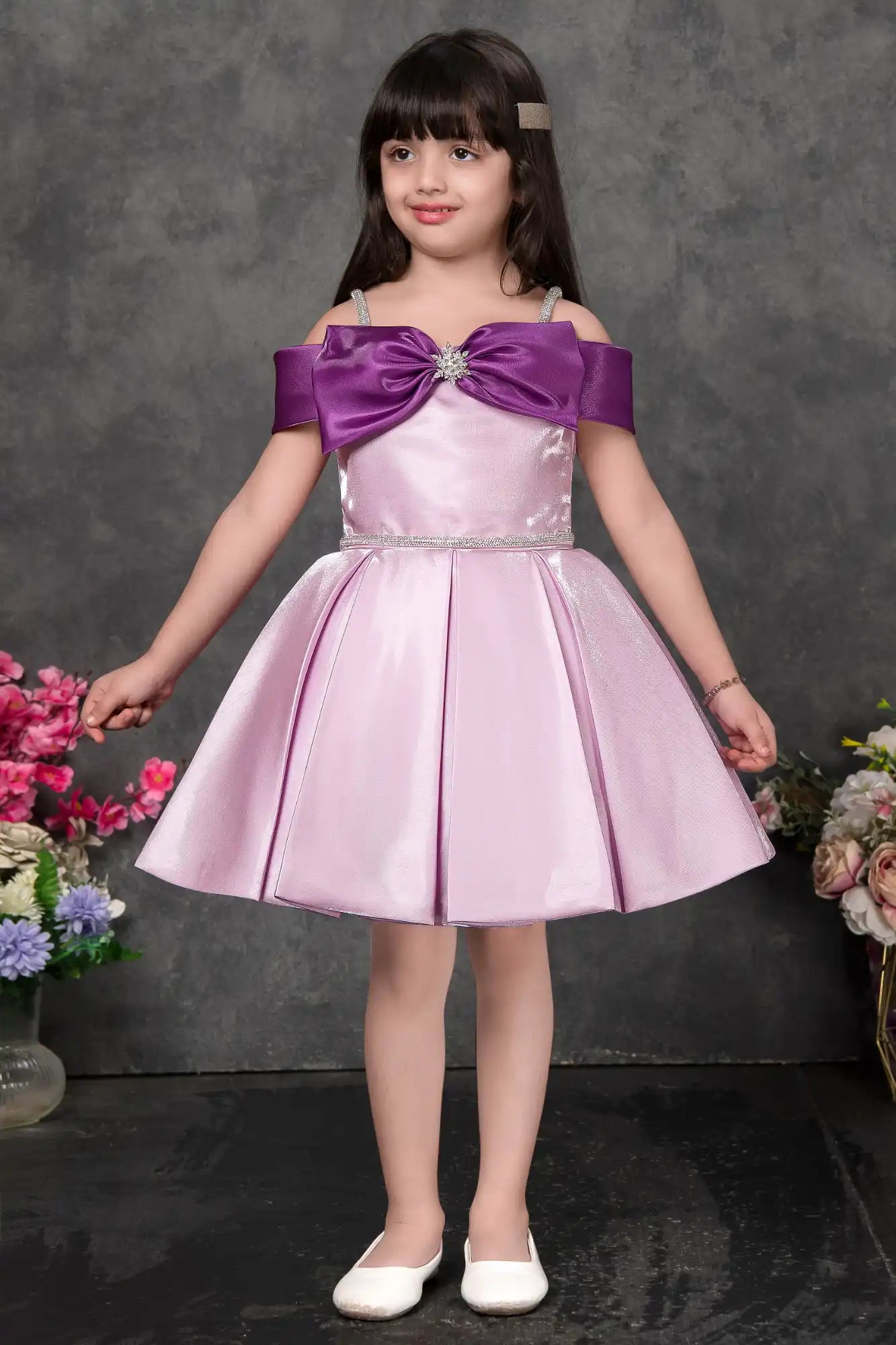 Lilac Off Shoulder Bow Embellished Party Frock For Girls
