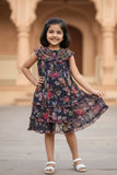 Black Floral Tiered Frock with Smocked Collar Dress For Girls