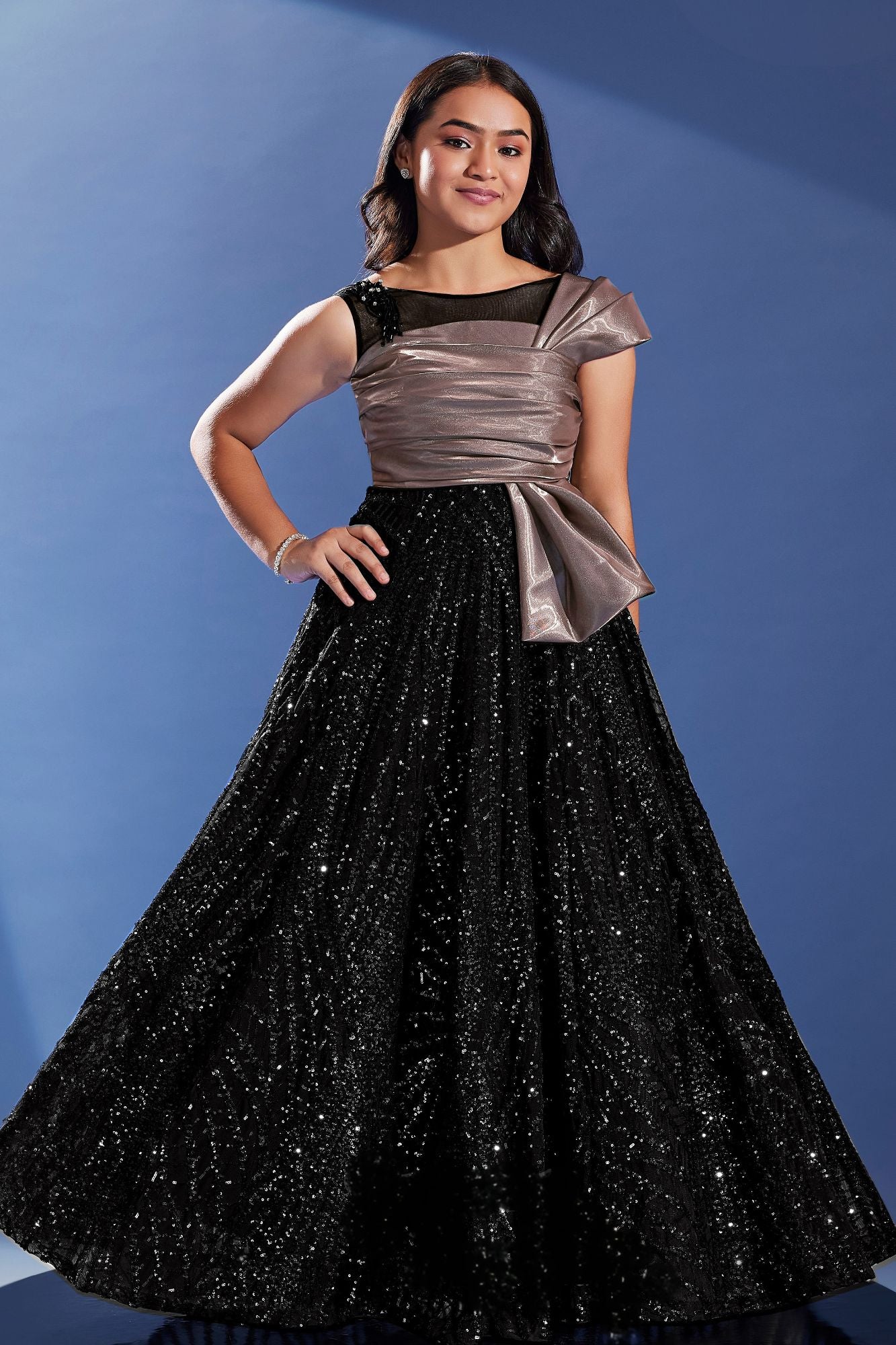 Girls Black Party Wear Gown with Metallic One-Shoulder Drape