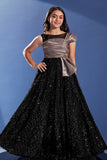 Girls Black Party Wear Gown with Metallic One-Shoulder Drape