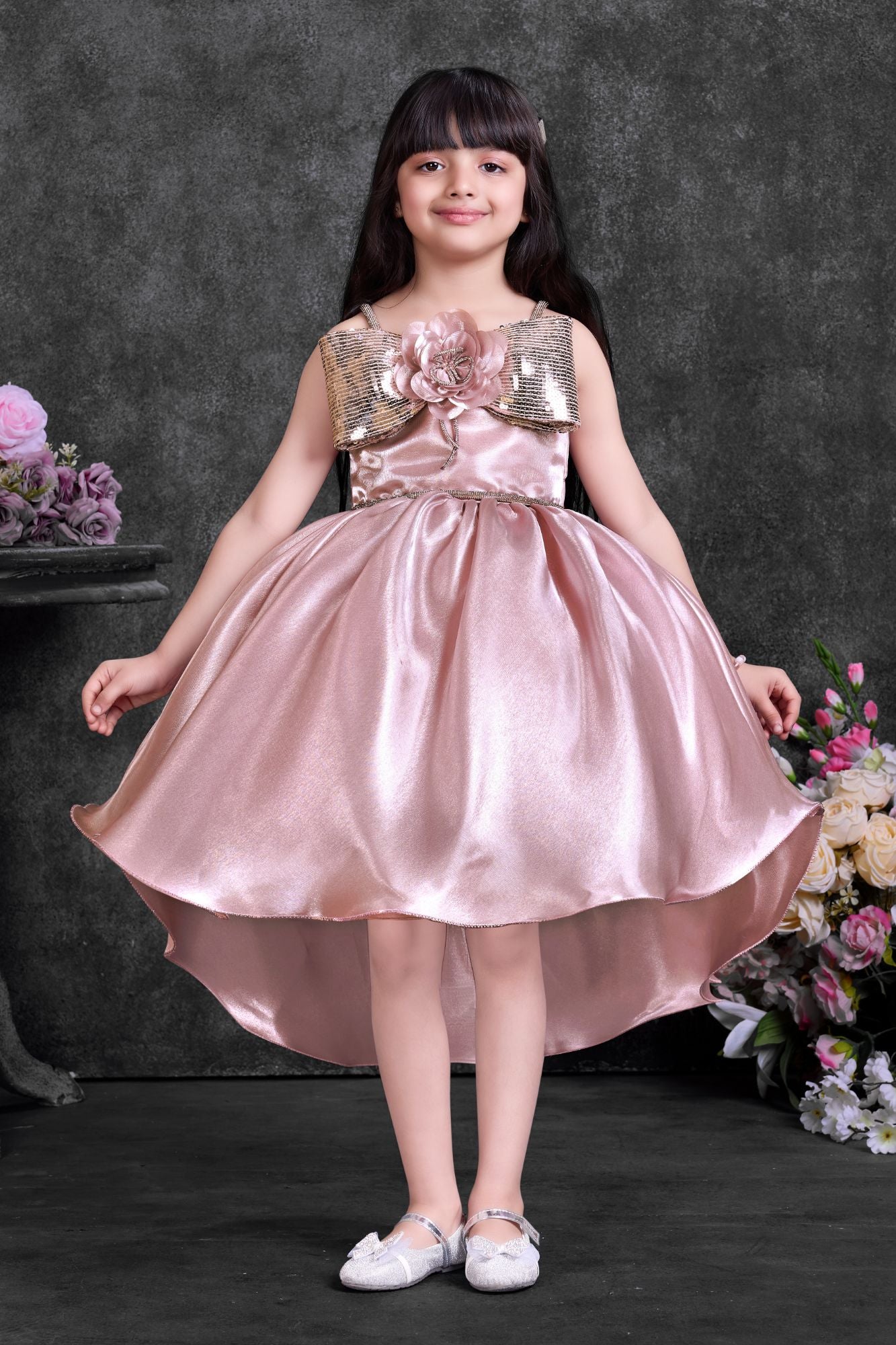 Dusty Pink High-Low Party Wear Frock with Sequin Bow For Girls