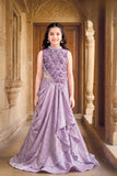 Lavender Embellished Draped Lehenga Set For Girls