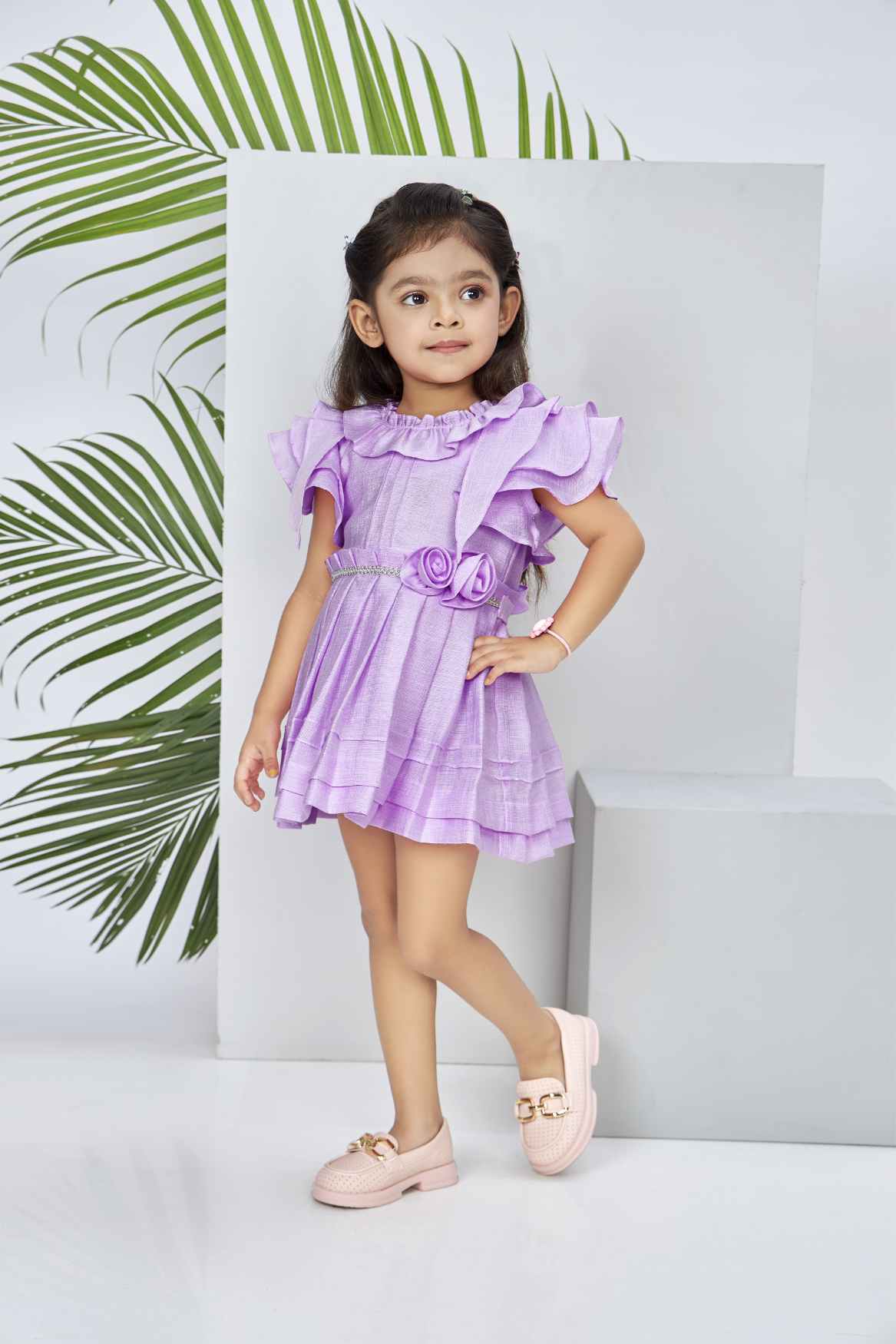 Purple Floral Embellished And Stone Work Party Wear Frock For Girls