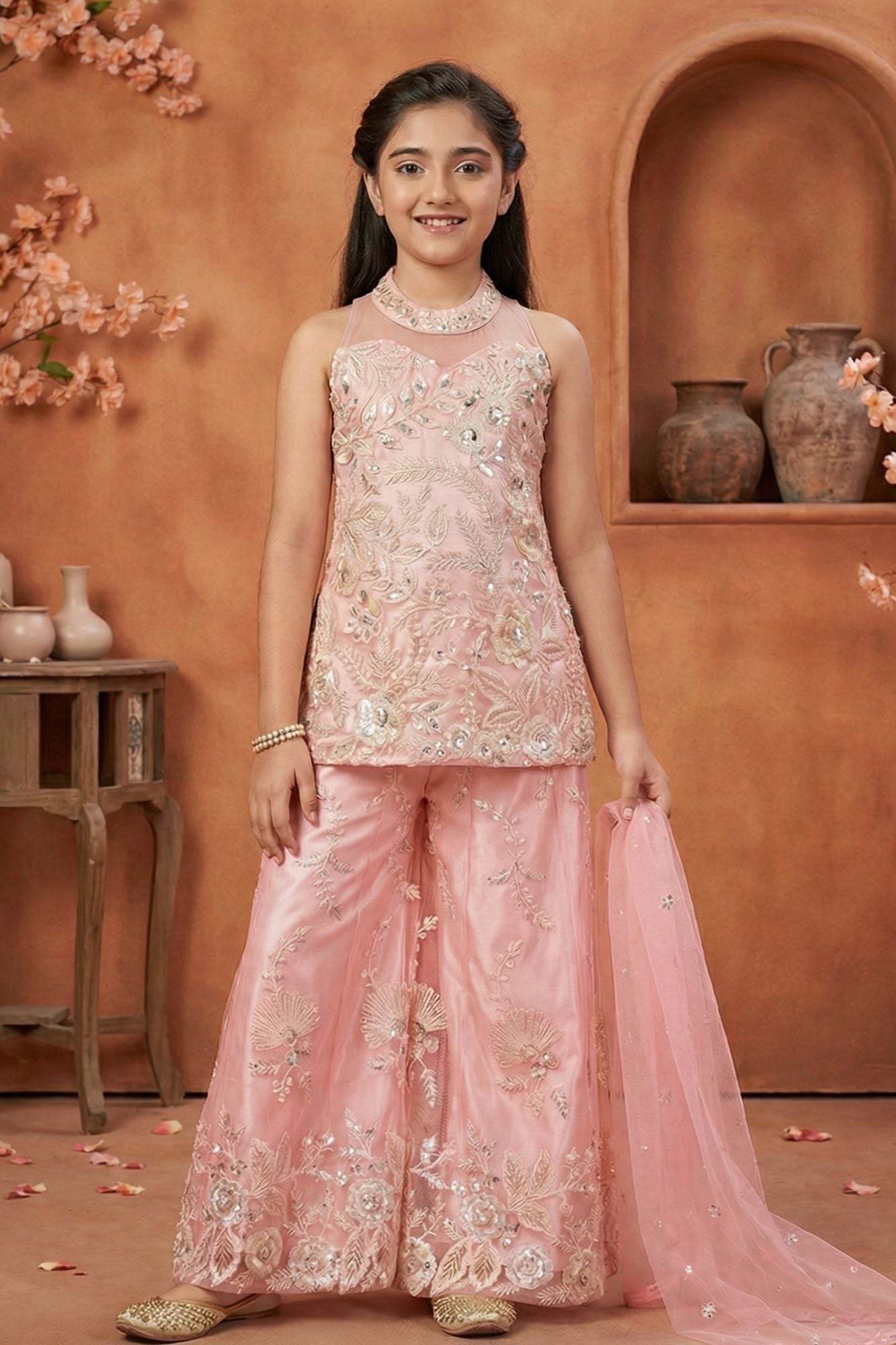 Blush Pink Embroidered Palazzo Set For Girls