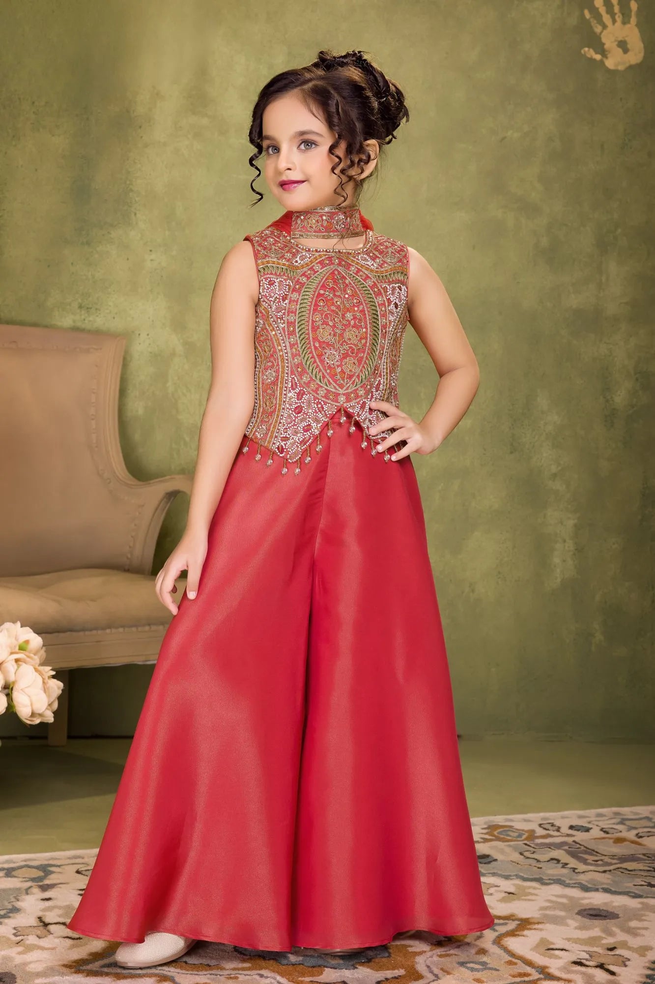 Designer Red Embroidery Palazzo Set For Girls