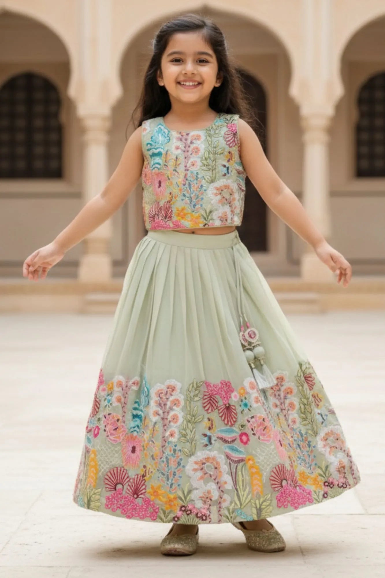 Pista Floral Embroidered Lehenga Choli For Girls