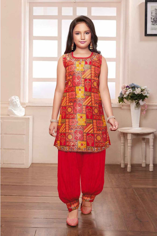 Red Brocade Kurta With Harem Bottom For Girls