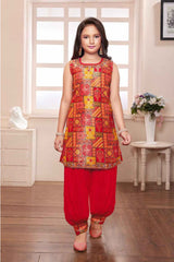 Red Brocade Kurta With Harem Bottom For Girls