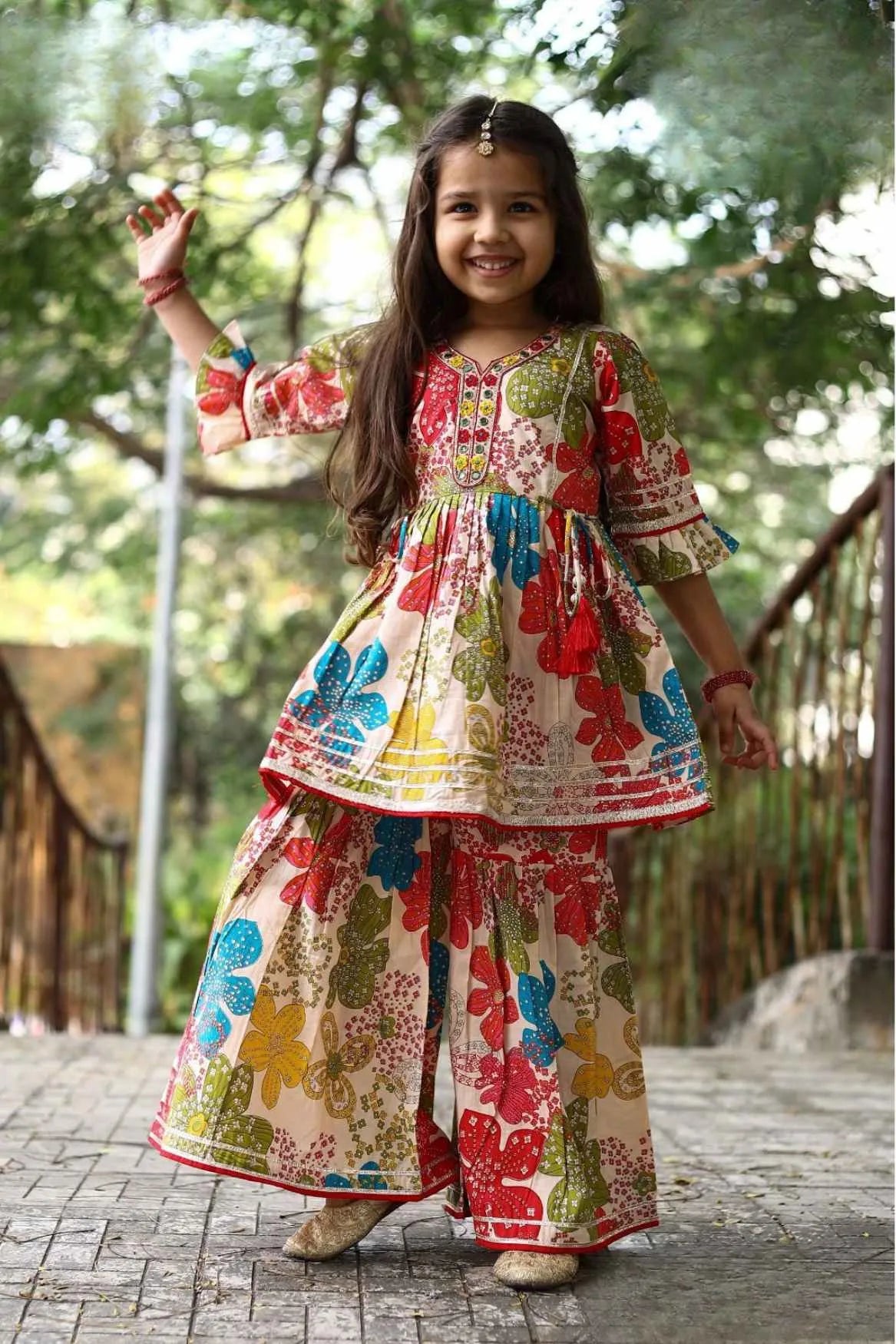 Multicolor Floral Printed  Sharara Set with Embroidered Yoke and Tassel Details For Girls