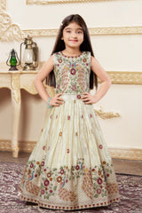 Cream Embroidered Lehenga Choli with Regal Peacock Motifs For Girls