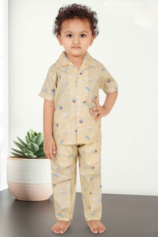 Beige Printed Co Ord Night Suits For Boys