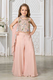 Girls Peach Sequin Embroidered Halter Neck Palazzo Set with Dupatta
