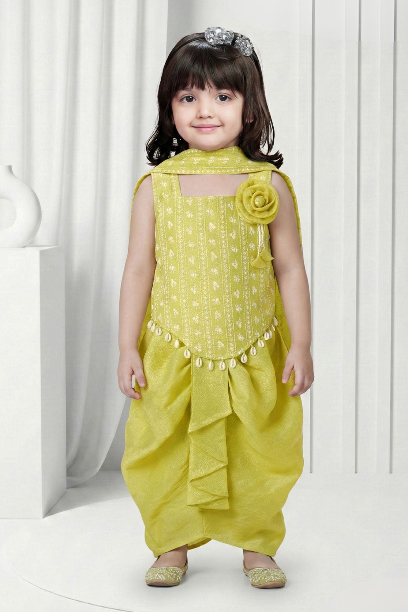 Light Green Floral Dhoti Set with Cowrie Shell Detailing For Girls