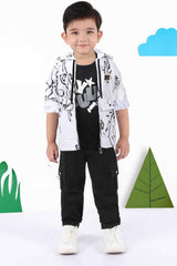 White  Printed Hoodie With Black T-Shirt And Pant Set For Boys