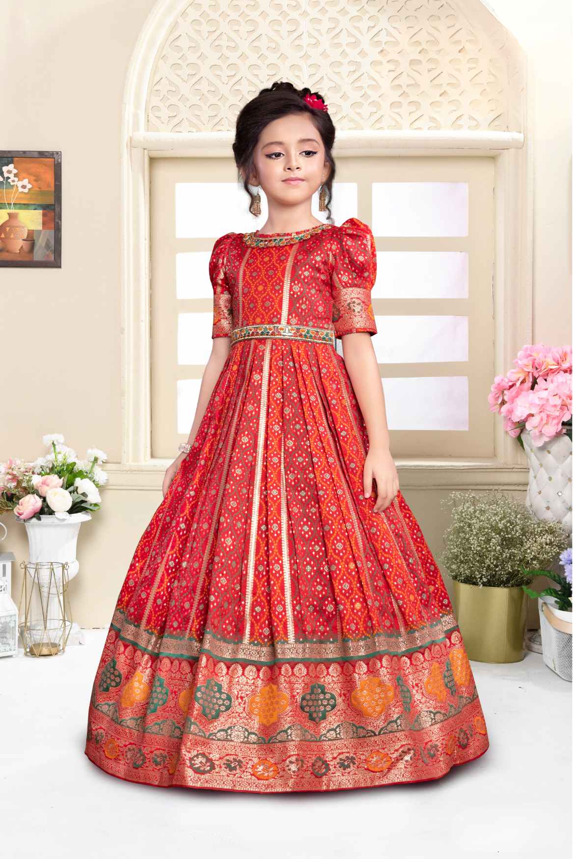 Red Jacquard Woven Traditional Ethnic Gown For Girls