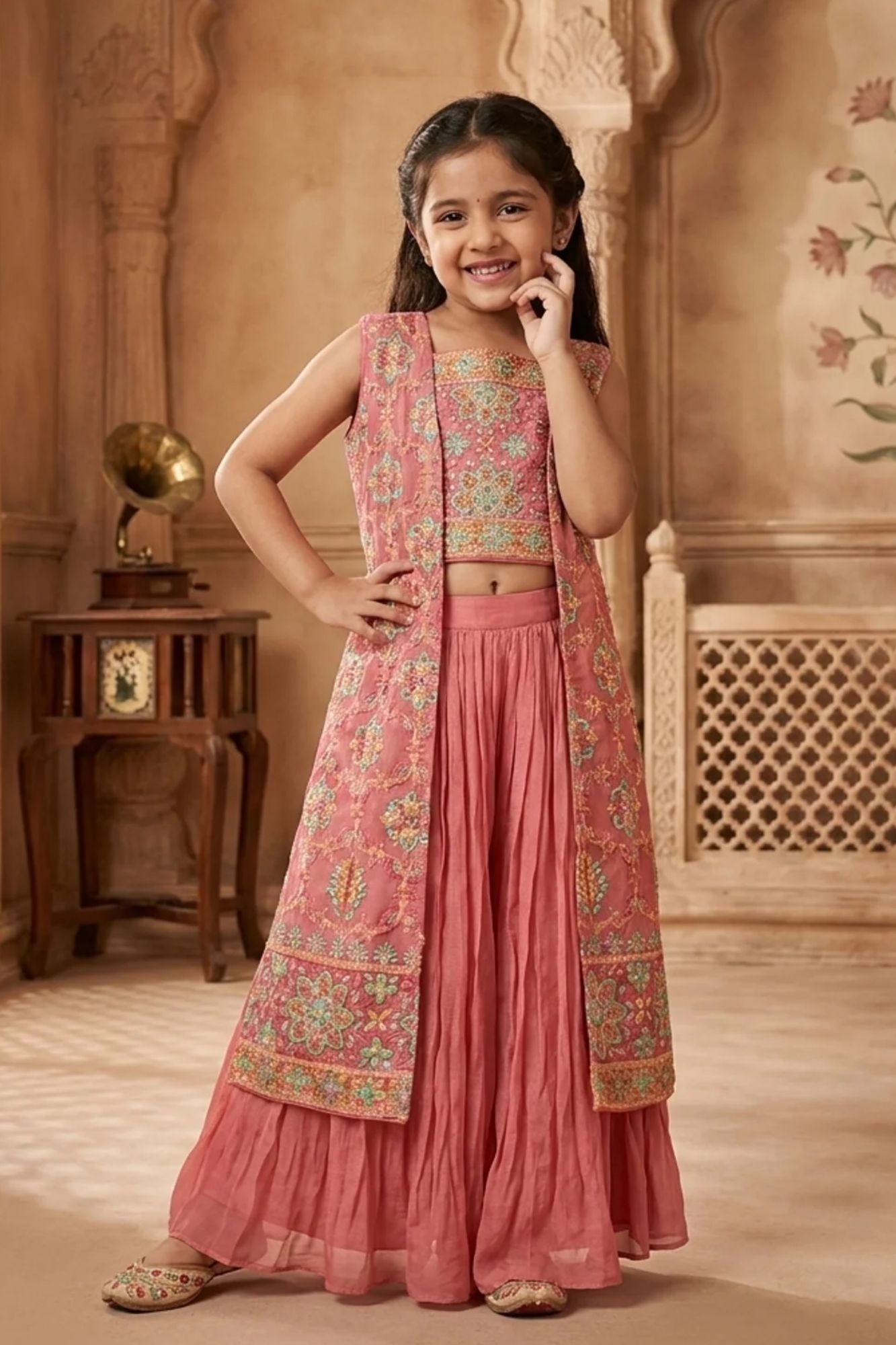 Girls Dusty Pink Embroidered Palazzo Set with Jacket And Crop Top