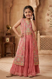 Girls Dusty Pink Embroidered Palazzo Set with Jacket And Crop Top
