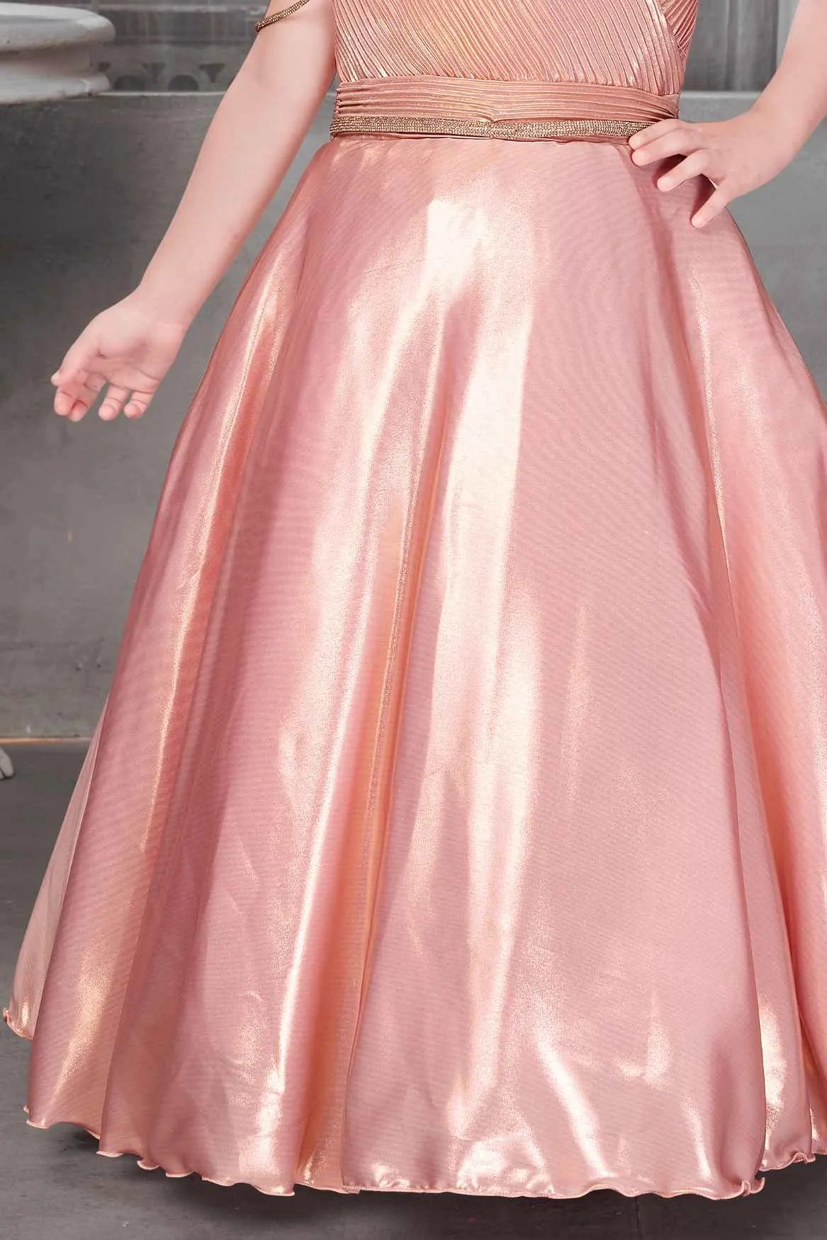 Shimmery Peach One-Shoulder Party Wear Gown With Draped Detail For Girls