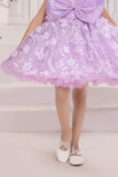 Lavender Sequin Bow Party Wear Frock With 3D Floral Embellishments For Girls