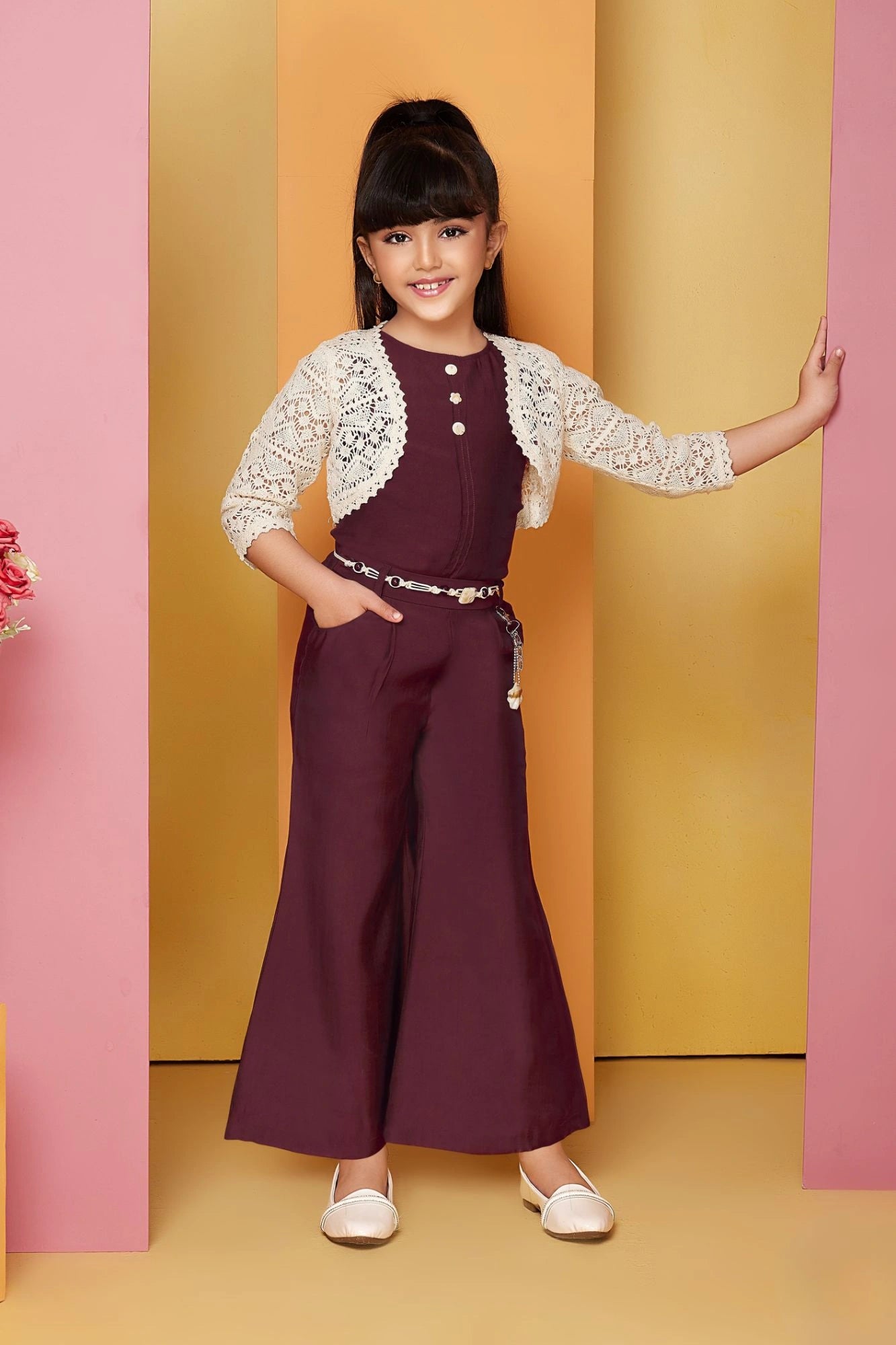 Maroon Palazzo Set with Crochet Shrug For Girls