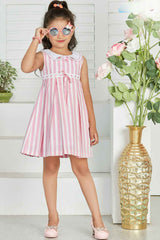 Pink Striped Casual Frock With Peter Pan Collar For Girls