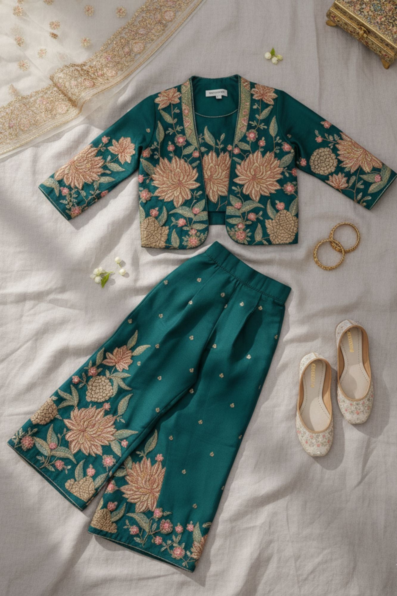 Rama Green Embroidered Ethnic Co-Ord Set With Jacket And  For Girls