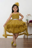 Girls Mustard High-Low Party Frock with Ruffled Layers And Embellished Waistbelt