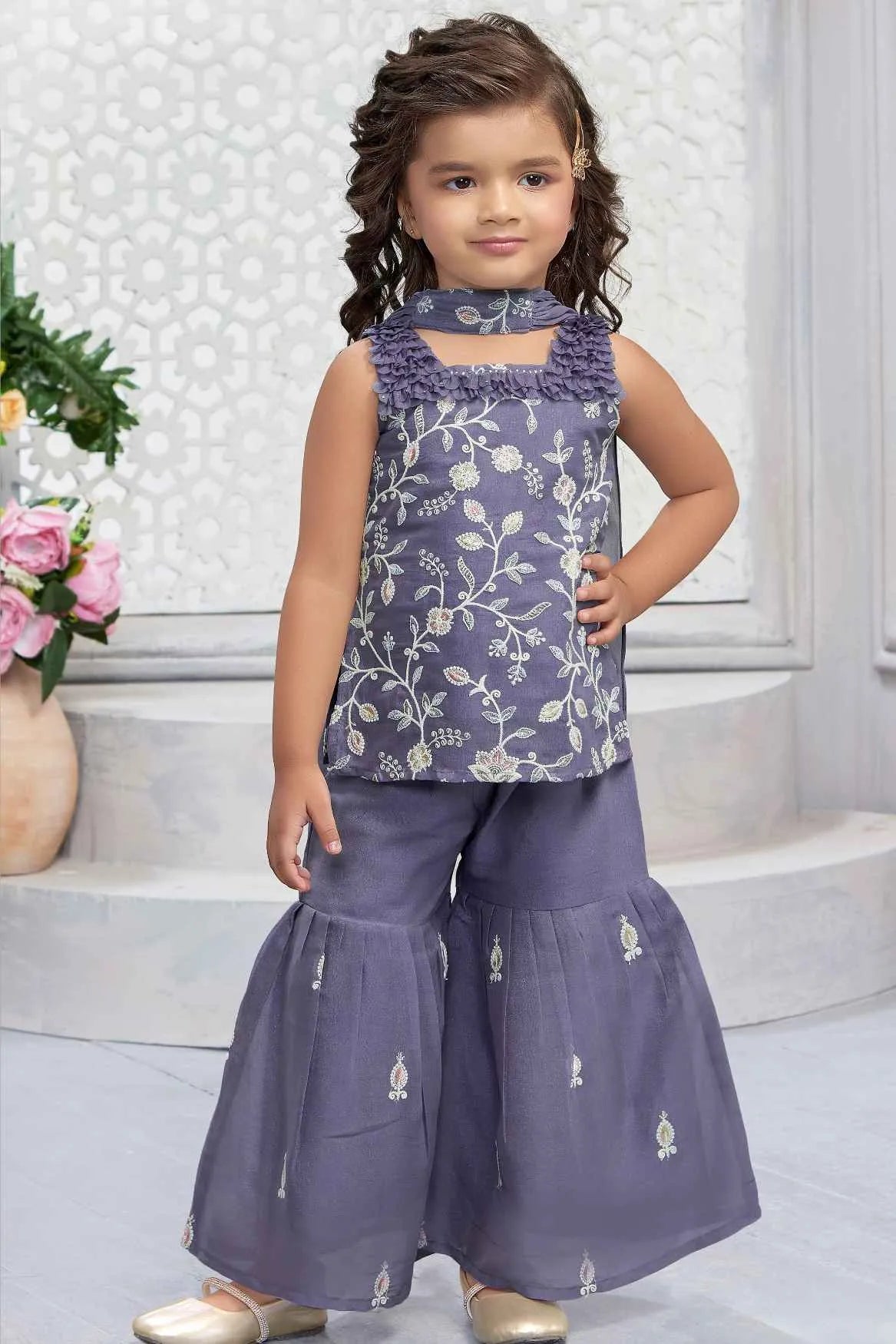 Purple Embroidered Sharara Set With Dupatta For Girls