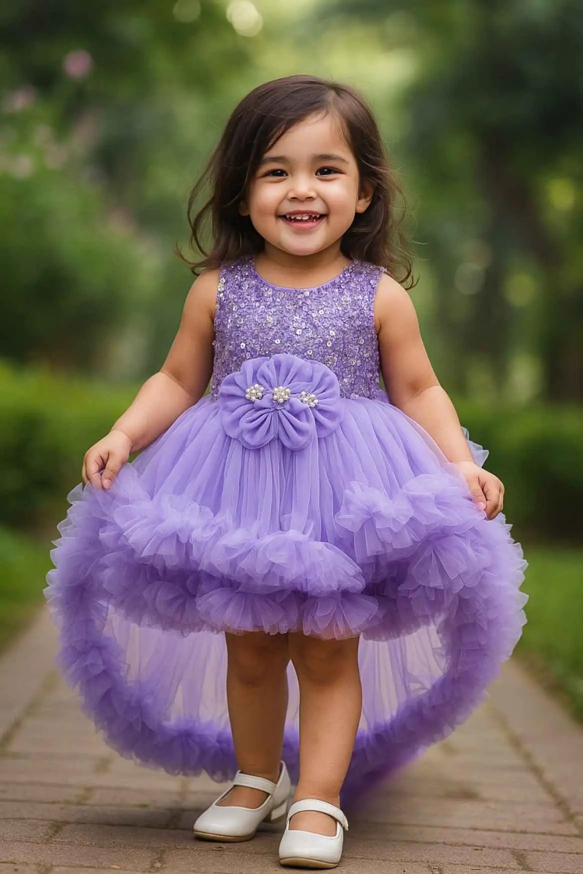 Purple Sequin Bodice High-Low Party Frock with Ruffle Layers For Girls