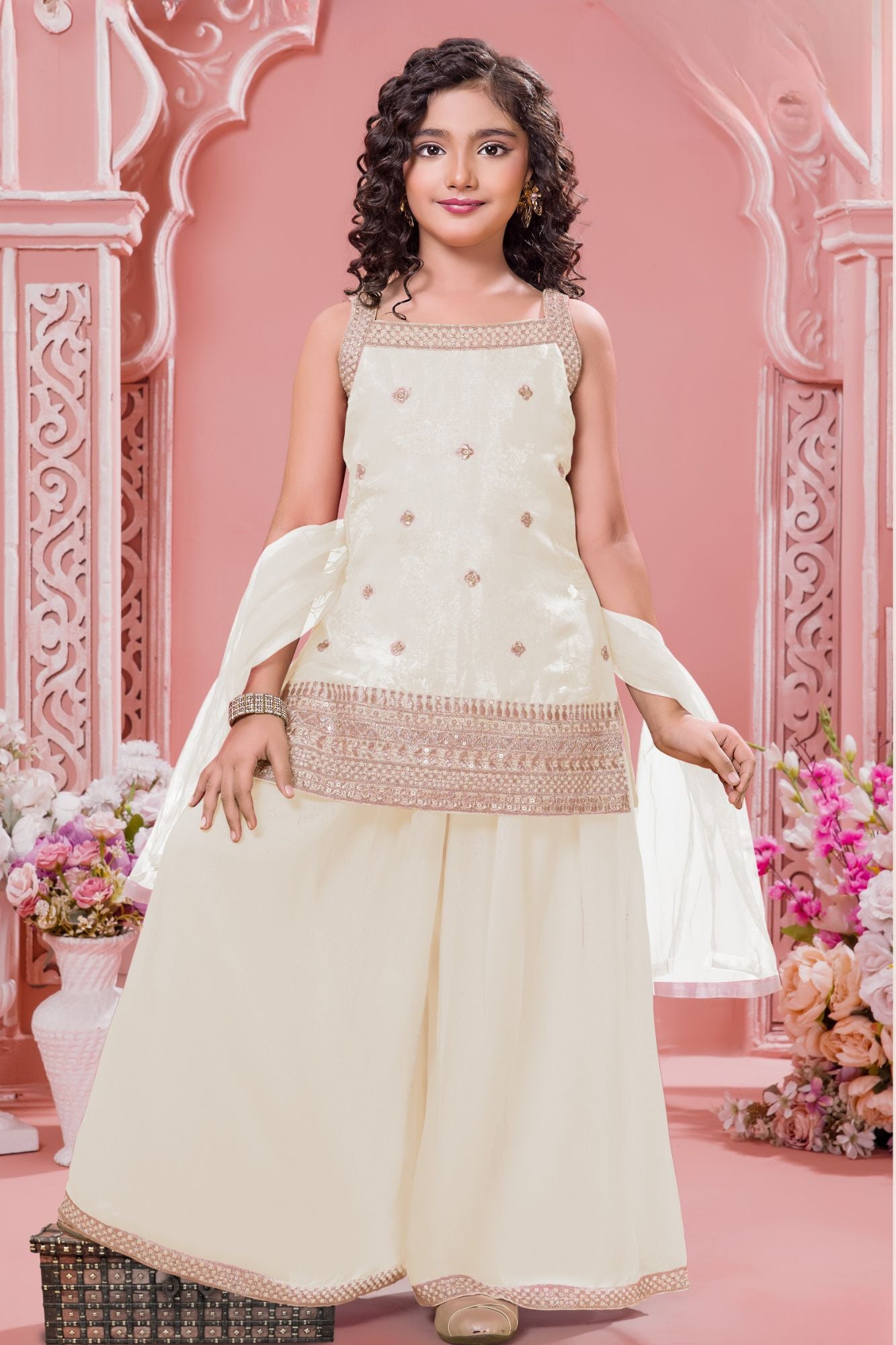 Cream Embroidered Kurti And Palazzo Set for Girls
