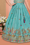 Aqua Blue Multicolor Embroidered Lehenga Choli Set For Girls