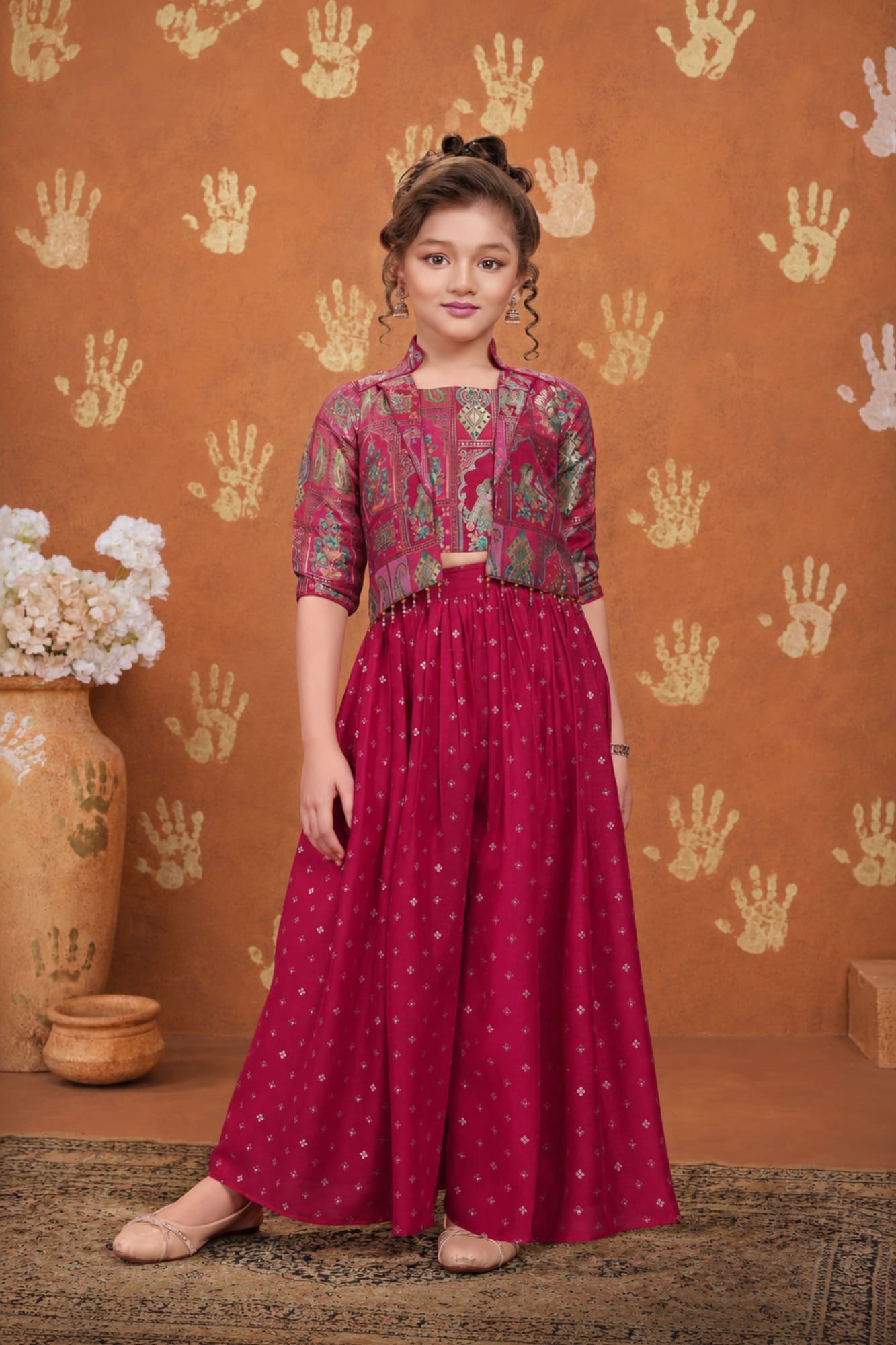 Girls Rani Pink Printed Palazzo Set with Jacket and Palazzo Pants