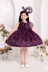 Wine Frock With Bow Embellished And Shimmer Printed For Girls