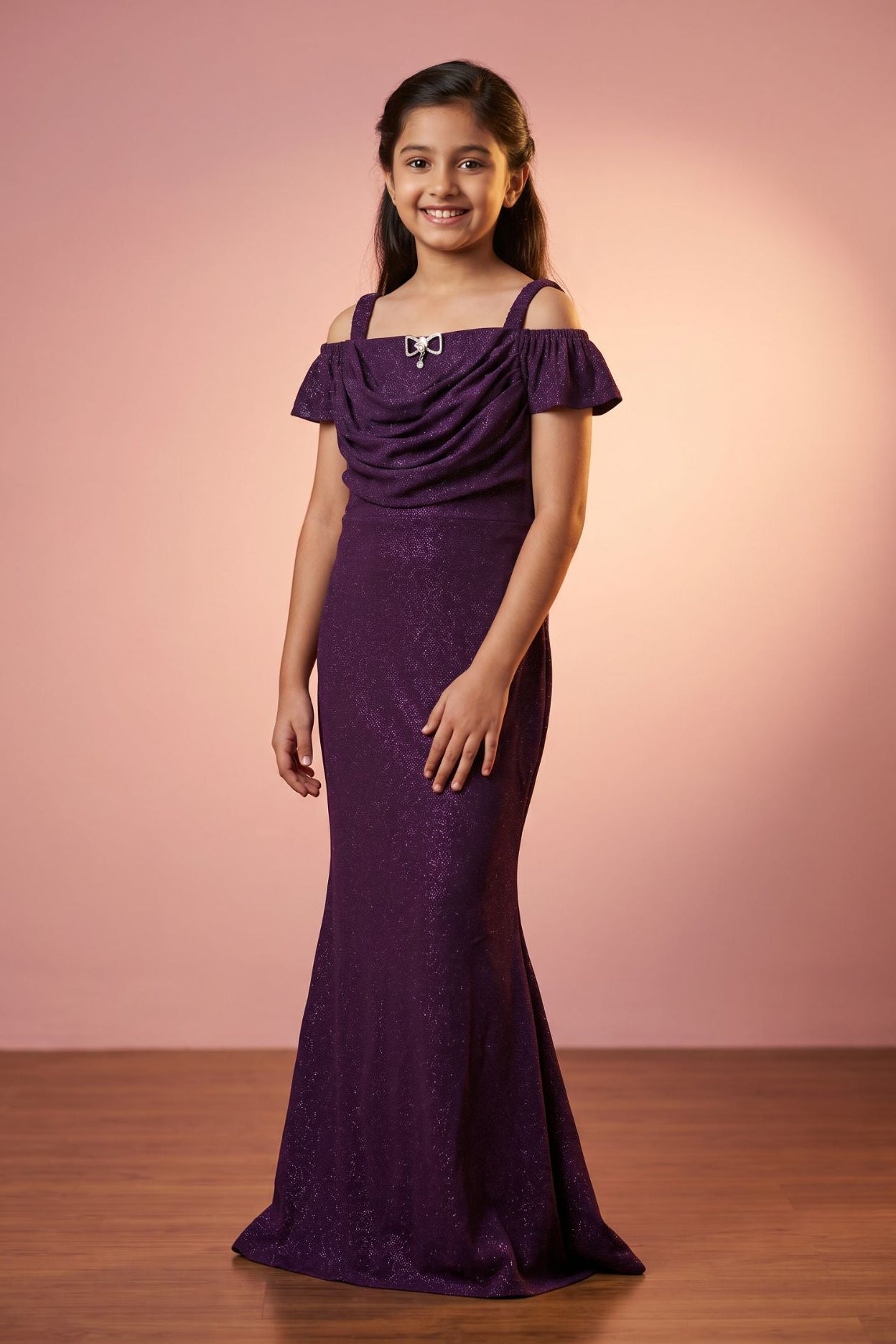 Purple Glitter Cold-Shoulder Mermaid Gown with Matching Arm Sleeves For Girls