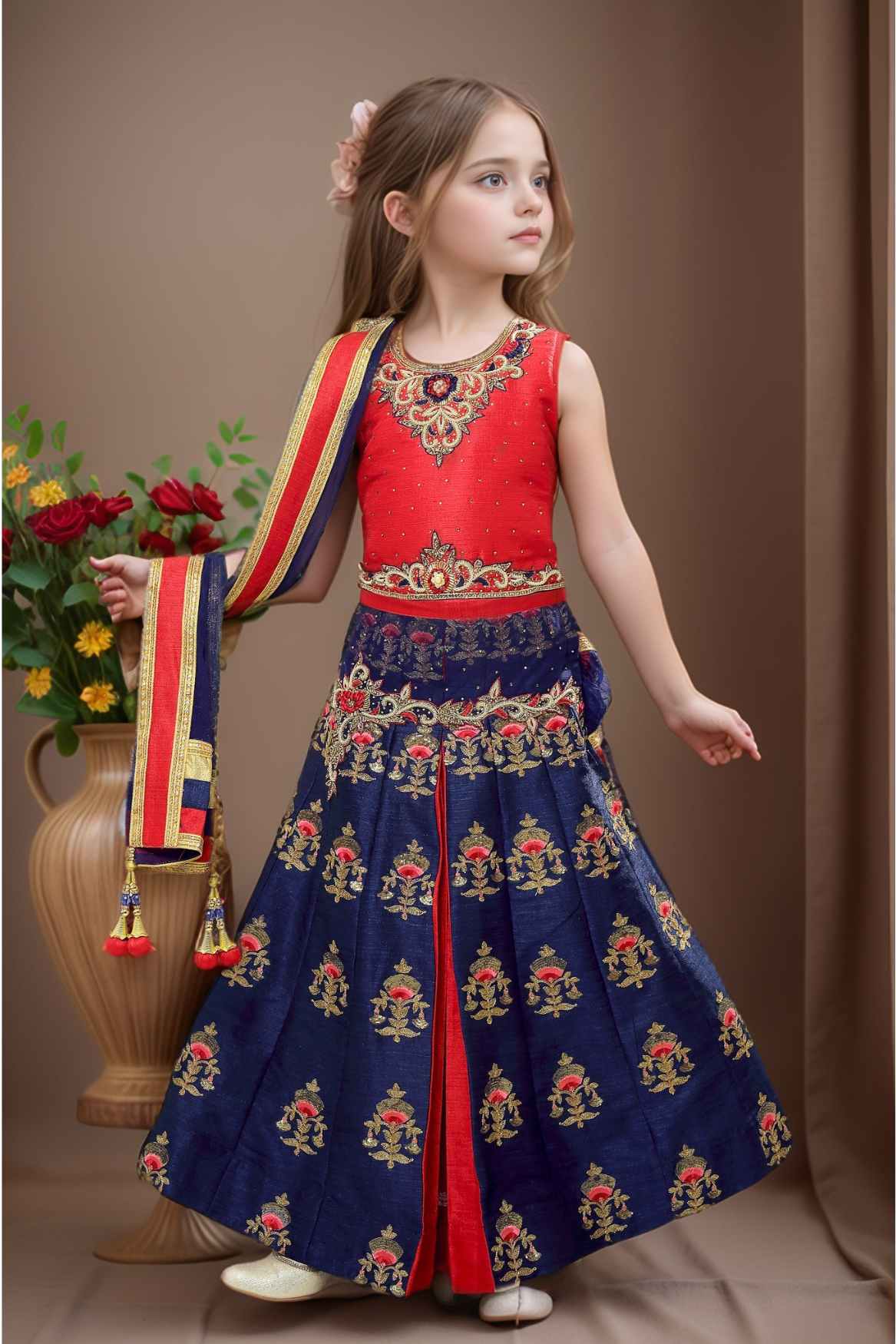 Red And Navy Blue Zari Embroidered Lehenga Choli Set For Girls