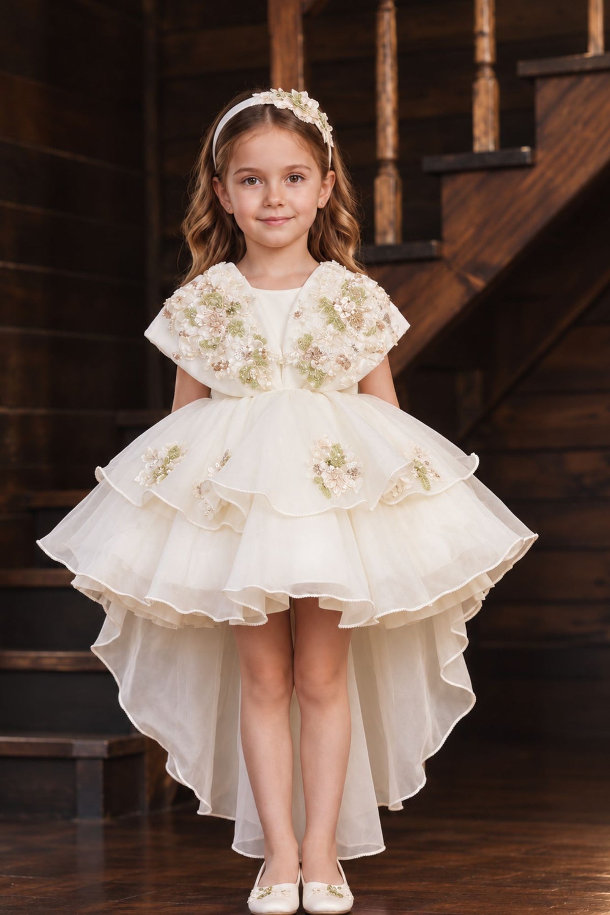 Girls Ivory Floral High-Low Party Wear Frock