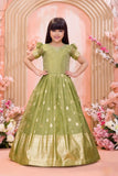 Olive Green Silk Ethnic Gown For Girls